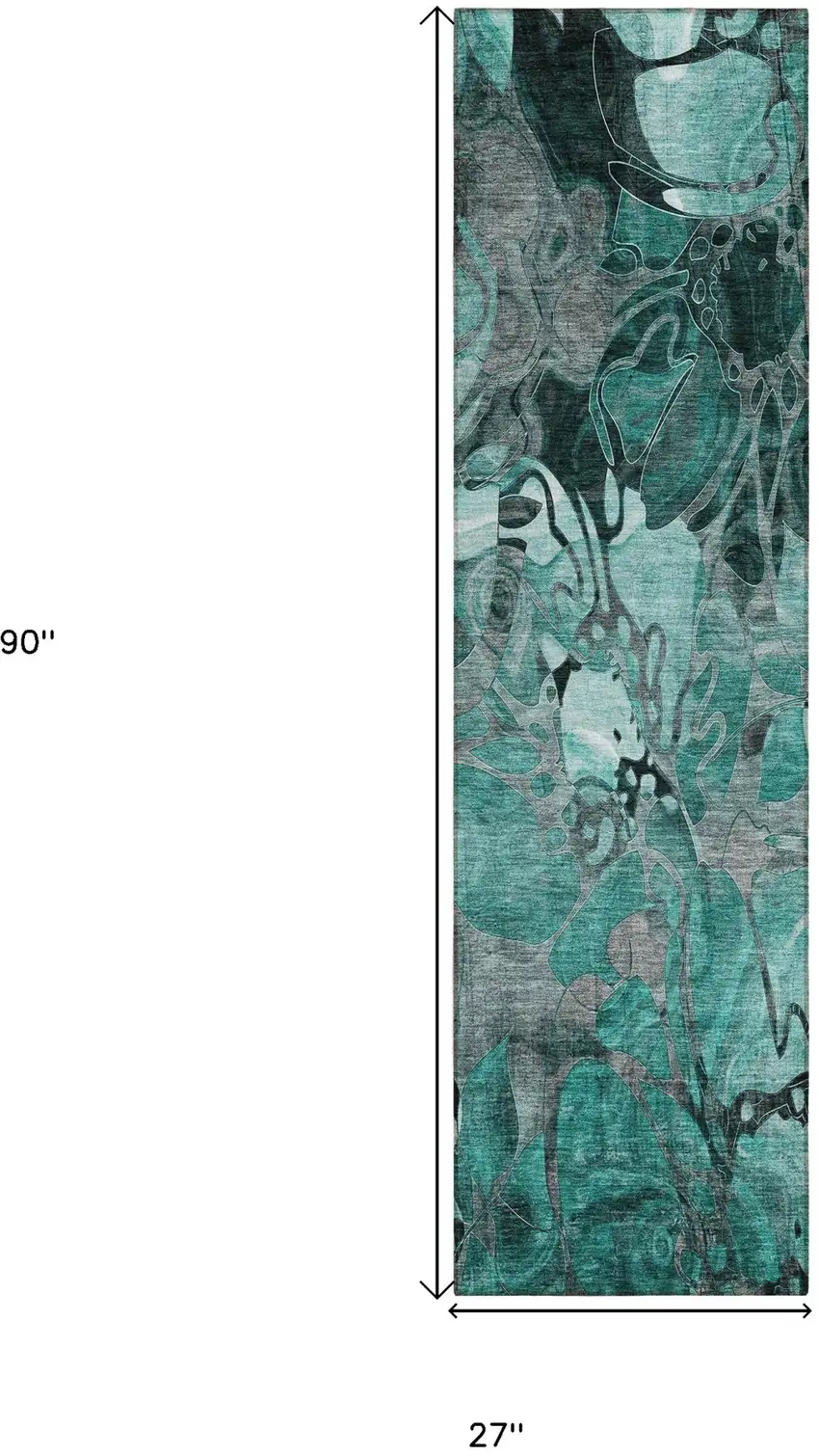 Teal Black and Gray Abstract Washable Indoor Outdoor Runner Rug Photo 3