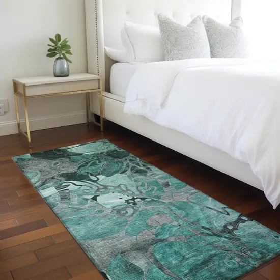 Teal Black and Gray Abstract Washable Indoor Outdoor Runner Rug Photo 7