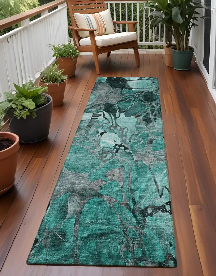 Teal Black and Gray Abstract Washable Indoor Outdoor Runner Rug Photo 1