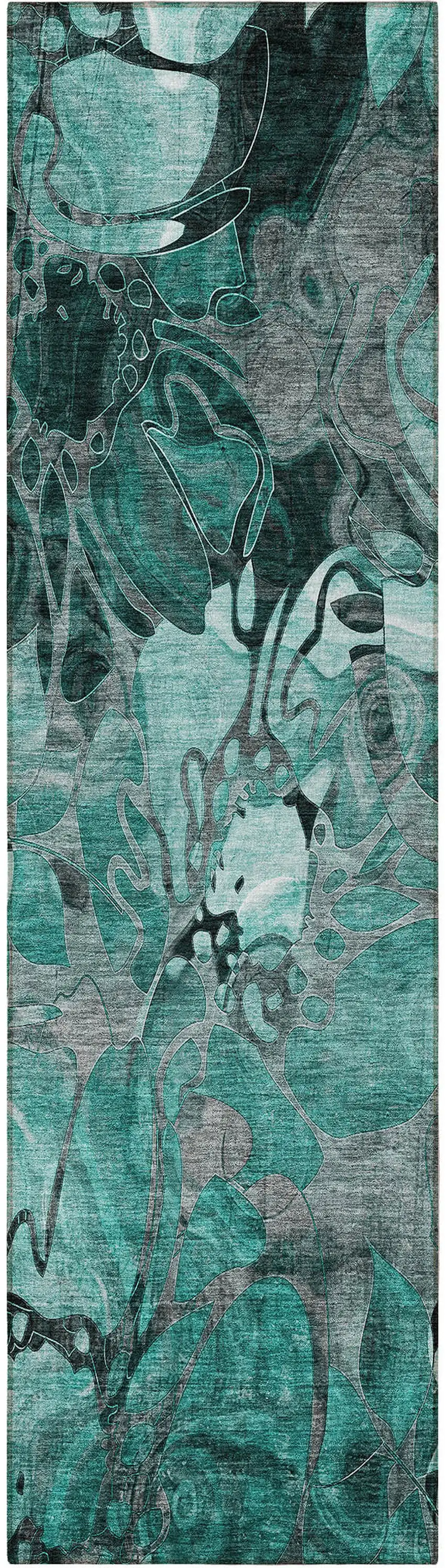 8' Runner Teal Black and Gray Floral Washable Non Skid Indoor Outdoor Runner Rug Photo 3