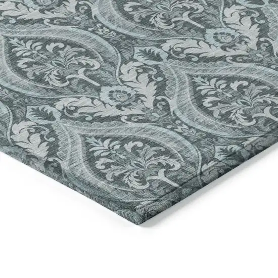 Teal Damask Washable Non Skid Indoor Outdoor Runner Rug Photo 7