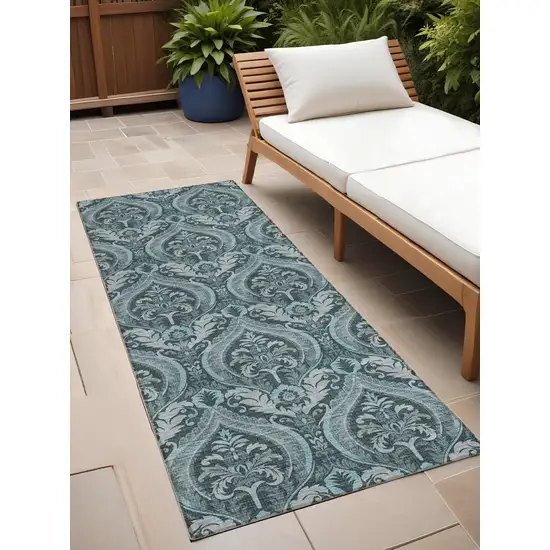 Teal Damask Washable Non Skid Indoor Outdoor Runner Rug Photo 1