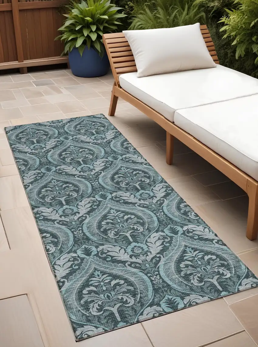 Teal Damask Washable Non Skid Indoor Outdoor Runner Rug Photo 1