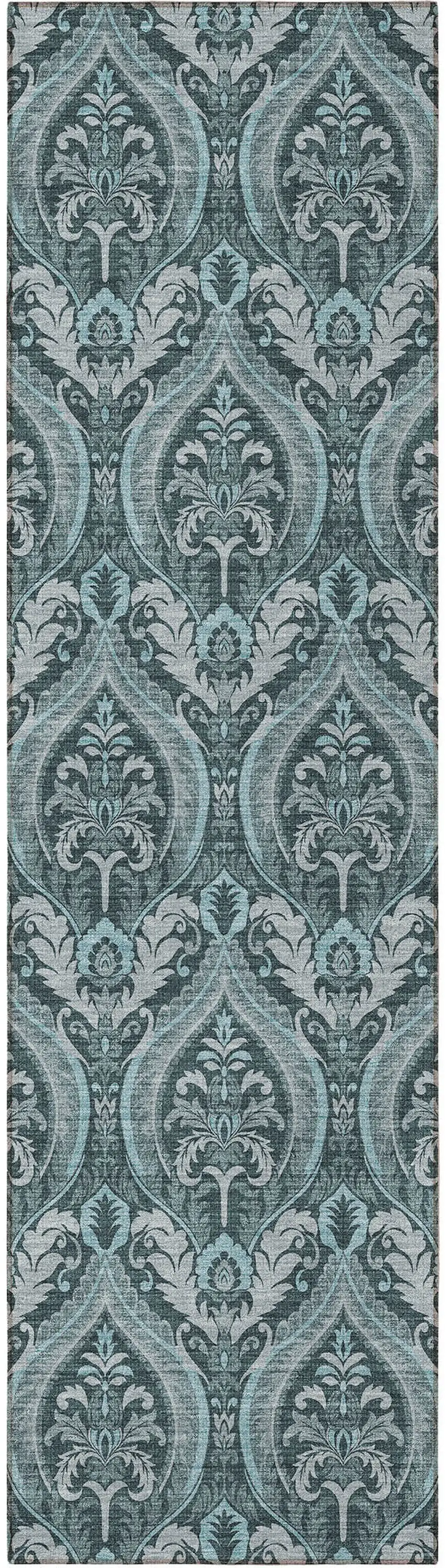8' Runner Teal Damask Washable Non Skid Indoor Outdoor Runner Rug Photo 5