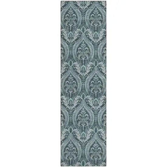 8' Runner Teal Damask Washable Non Skid Indoor Outdoor Runner Rug Photo 2