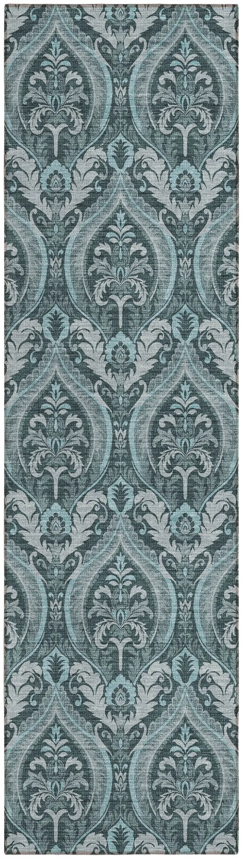 8' Runner Teal Damask Washable Non Skid Indoor Outdoor Runner Rug Photo 2