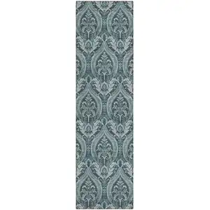 Photo of 8' Runner Teal Damask Washable Non Skid Indoor Outdoor Runner Rug