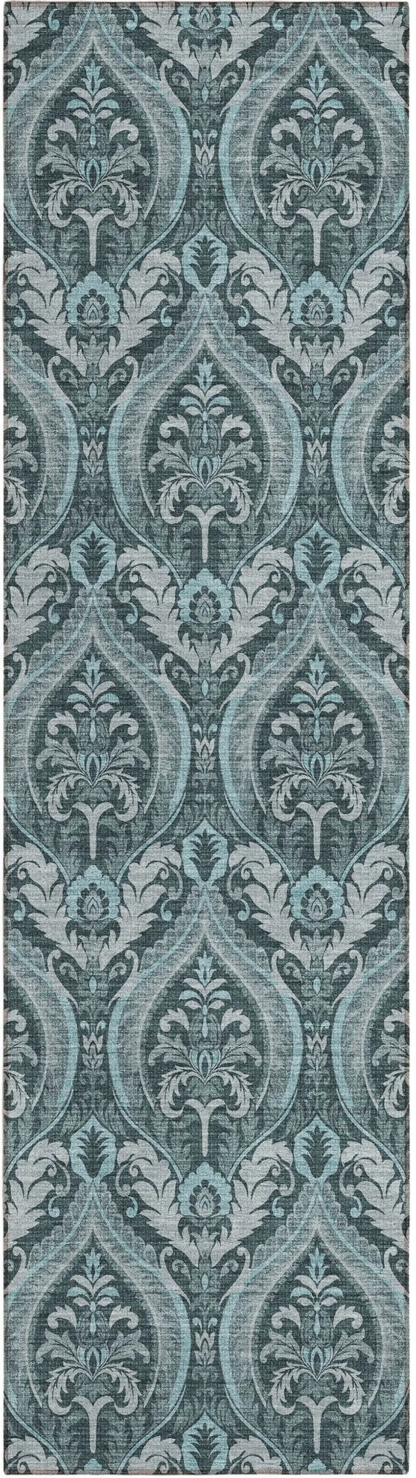 8' Runner Teal Damask Washable Non Skid Indoor Outdoor Runner Rug Photo 2