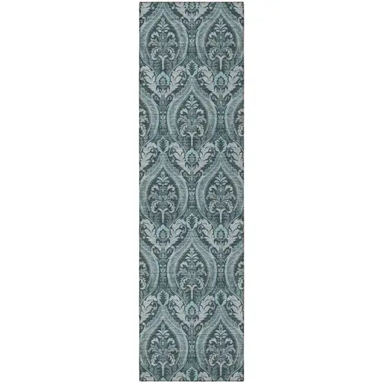 Teal Damask Washable Non Skid Indoor Outdoor Runner Rug Photo 5