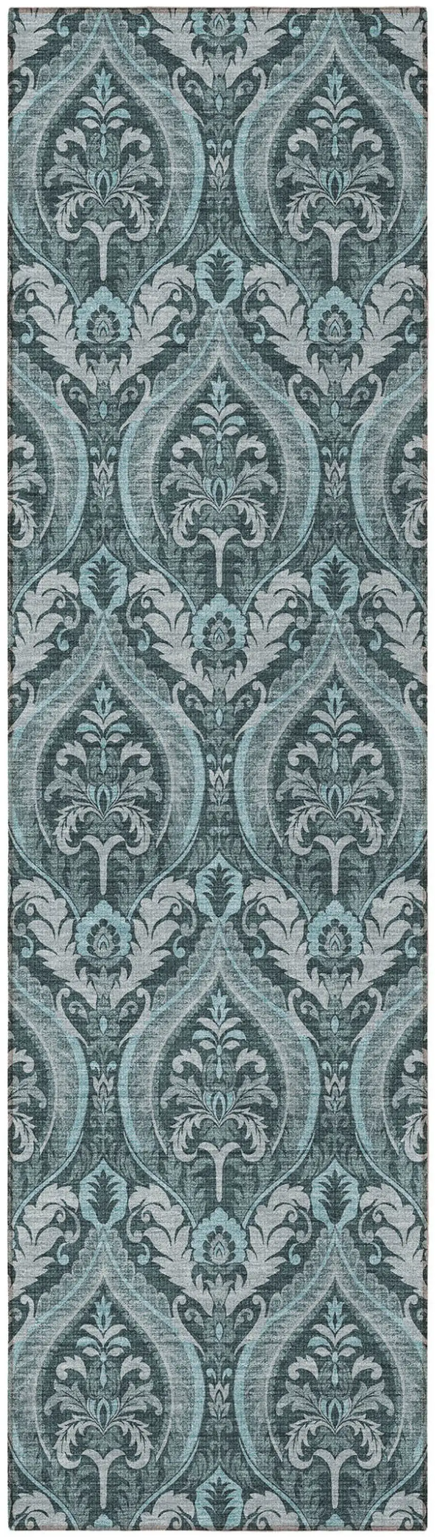Teal Damask Washable Non Skid Indoor Outdoor Runner Rug Photo 5