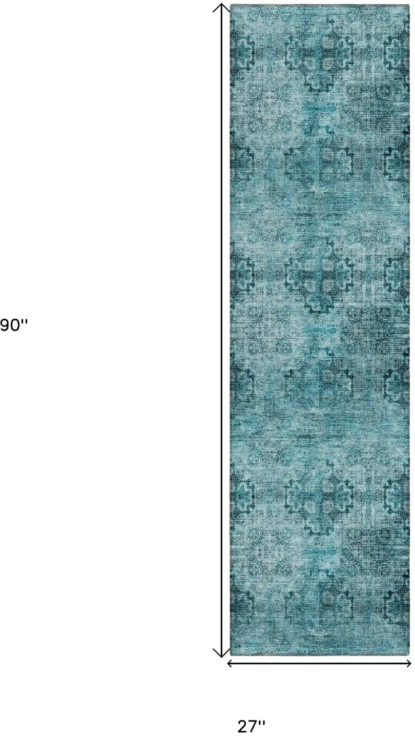 Teal Floral Medallion Washable Non Skid Indoor Outdoor Runner Rug Photo 3