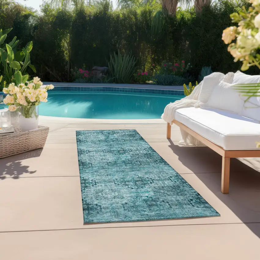 Teal Floral Medallion Washable Non Skid Indoor Outdoor Runner Rug Photo 6