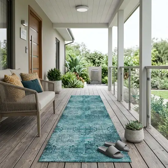 Teal Floral Medallion Washable Non Skid Indoor Outdoor Runner Rug Photo 1