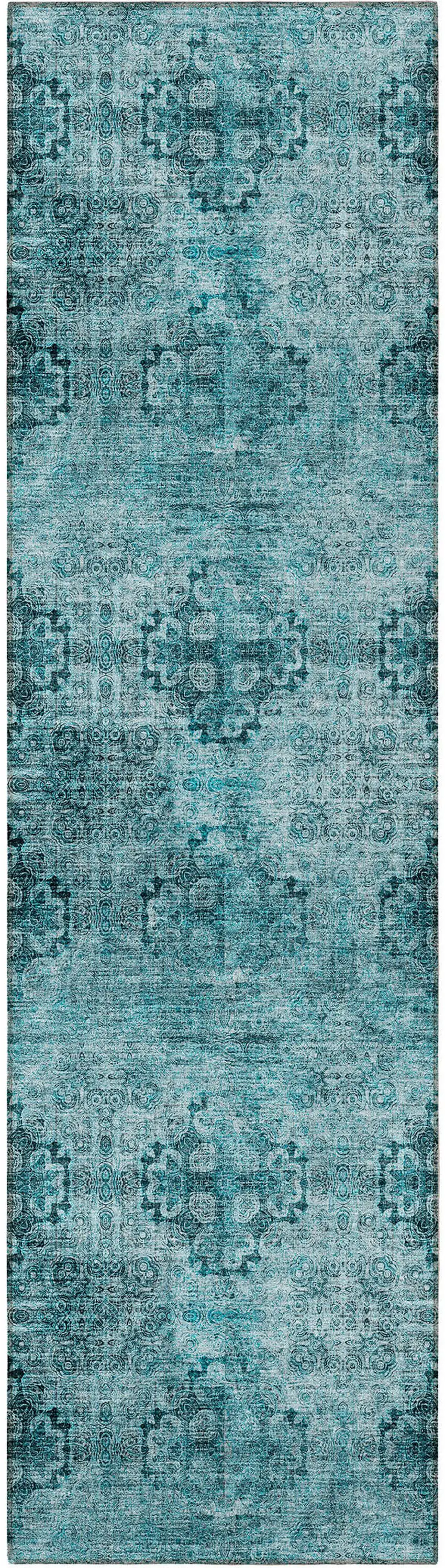 8' Runner Teal Floral Medallion Washable Non Skid Indoor Outdoor Runner Rug Photo 3