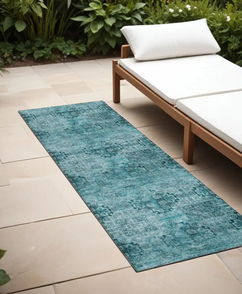 Teal Floral Medallion Washable Non Skid Indoor Outdoor Runner Rug Photo 1