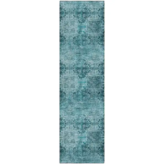 8' Runner Teal Floral Medallion Washable Non Skid Indoor Outdoor Runner Rug Photo 1