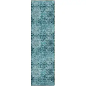 Photo of 8' Runner Teal Floral Medallion Washable Non Skid Indoor Outdoor Runner Rug