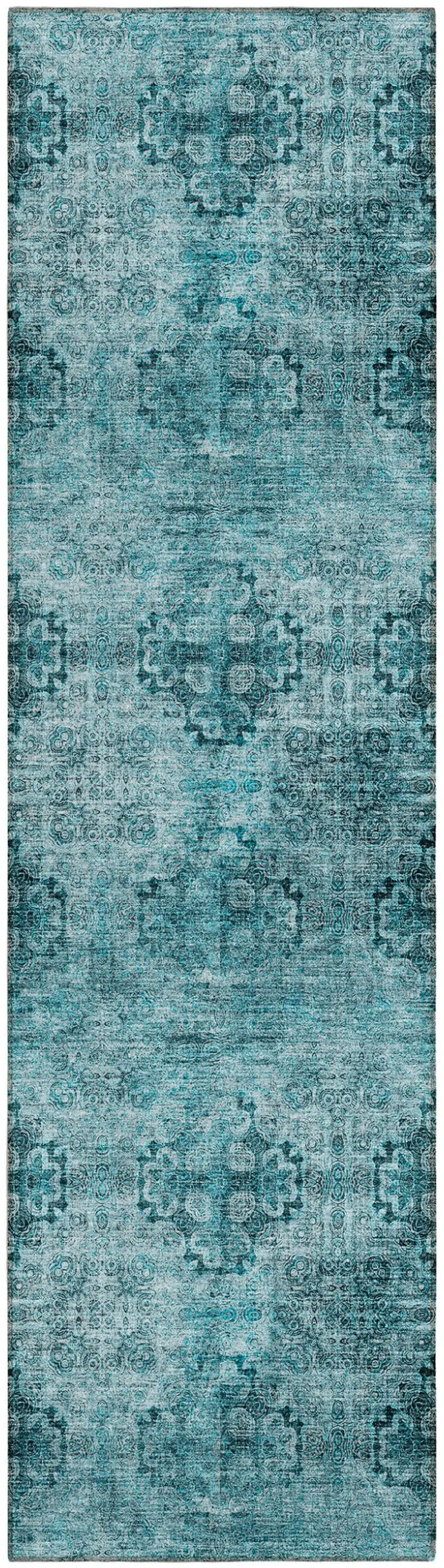 8' Runner Teal Floral Medallion Washable Non Skid Indoor Outdoor Runner Rug Photo 1