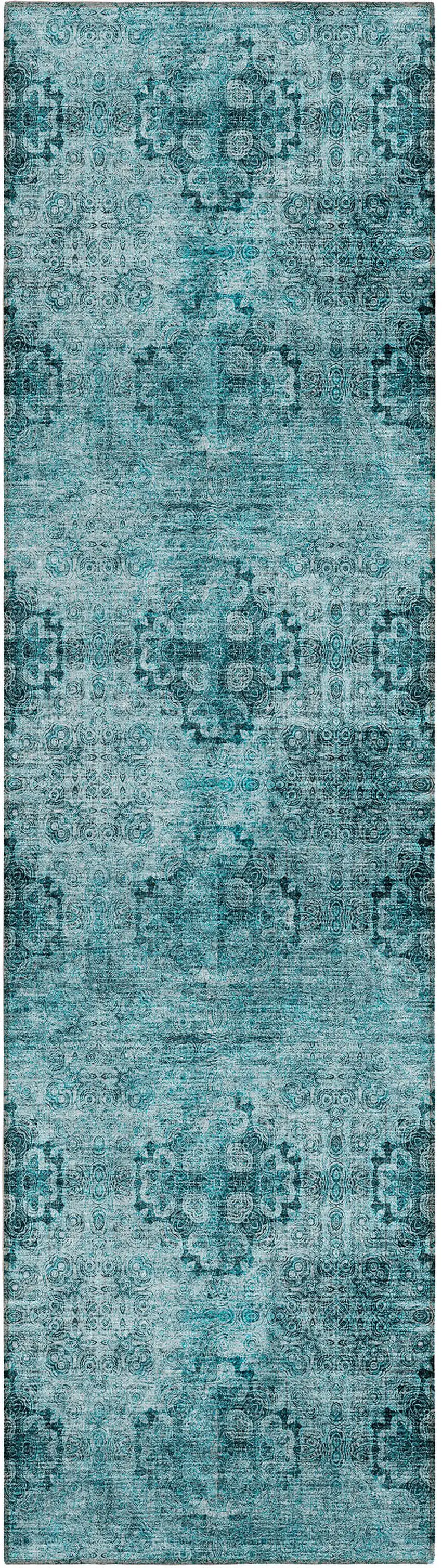 8' Runner Teal Floral Medallion Washable Non Skid Indoor Outdoor Runner Rug Photo 1
