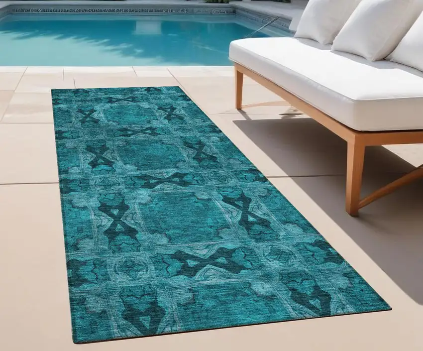 8' Runner Teal Floral Medallion Washable Non Skid Indoor Outdoor Runner Rug Photo 1