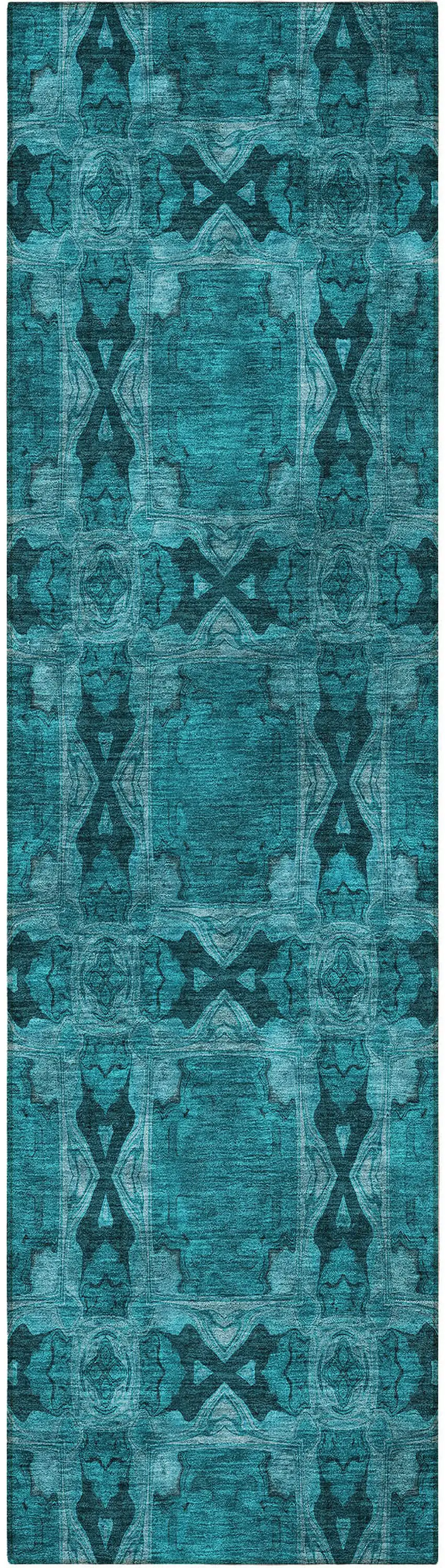 8' Runner Teal Floral Medallion Washable Non Skid Indoor Outdoor Runner Rug Photo 5