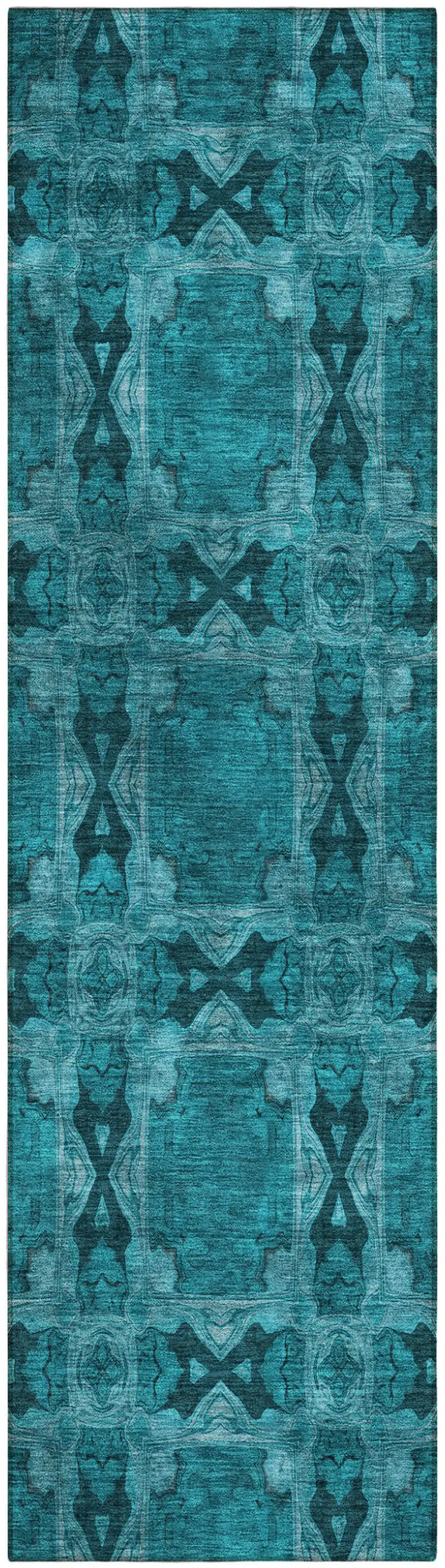 8' Runner Teal Floral Medallion Washable Non Skid Indoor Outdoor Runner Rug Photo 2