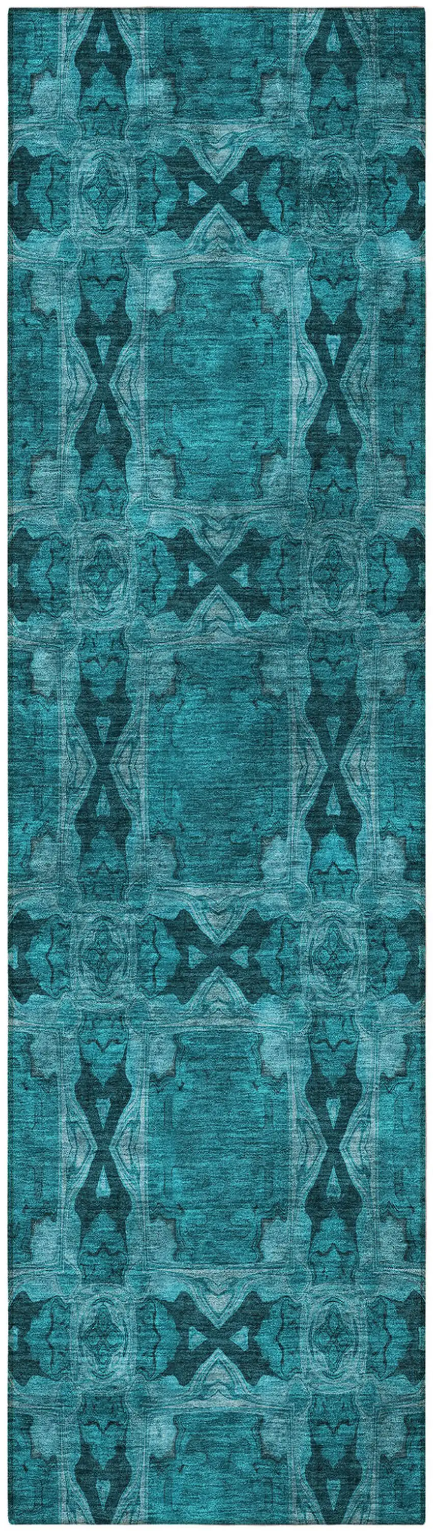 8' Runner Teal Floral Medallion Washable Non Skid Indoor Outdoor Runner Rug Photo 4