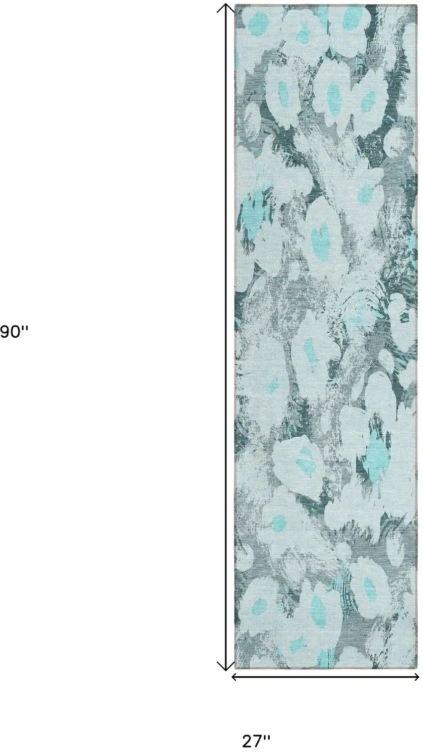 Teal Floral Washable Non Skid Indoor Outdoor Runner Rug Photo 3