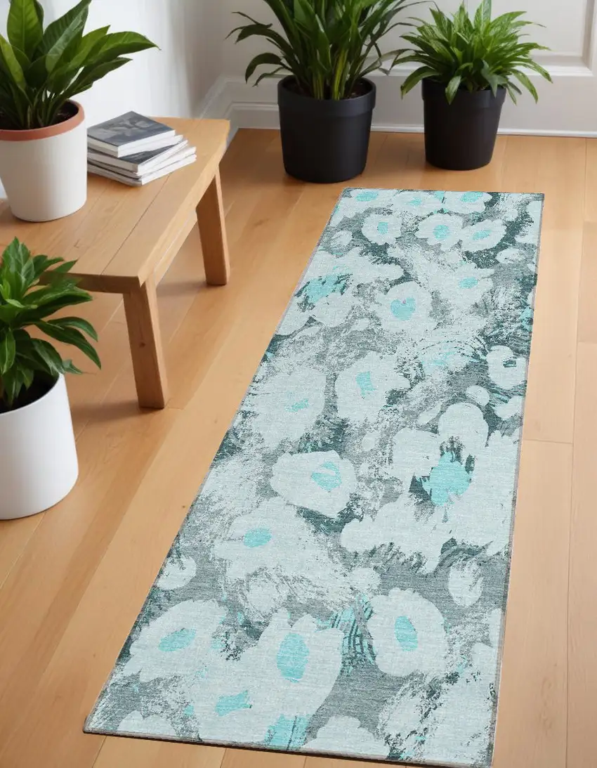 Teal Floral Washable Non Skid Indoor Outdoor Runner Rug Photo 1