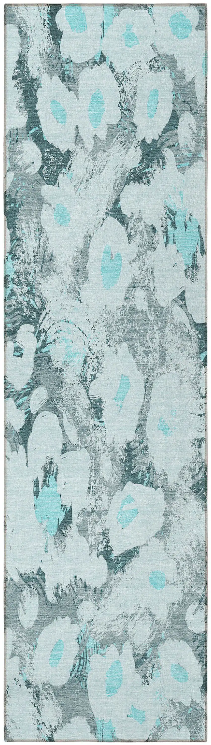8' Runner Teal Floral Washable Non Skid Indoor Outdoor Runner Rug Photo 6
