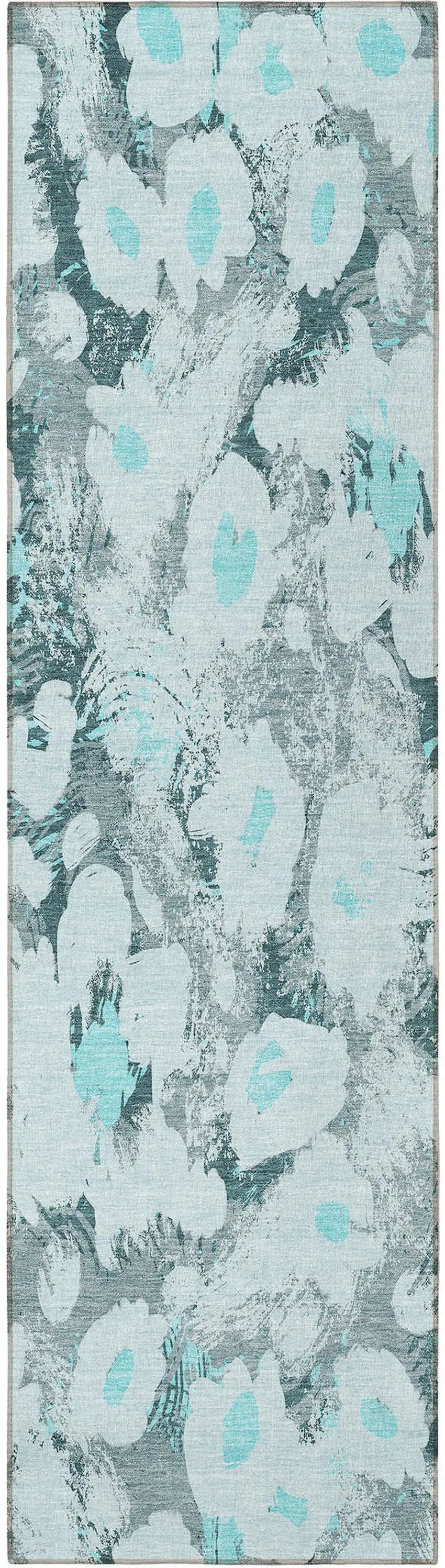8' Runner Teal Floral Washable Non Skid Indoor Outdoor Runner Rug Photo 6
