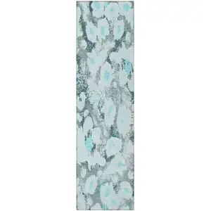 Photo of 8' Runner Teal Floral Washable Non Skid Indoor Outdoor Runner Rug