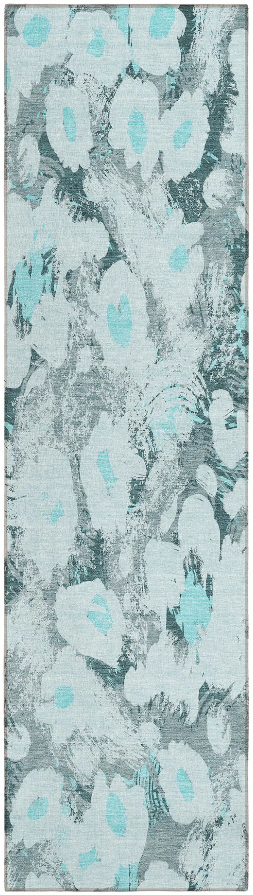 8' Runner Teal Floral Washable Non Skid Indoor Outdoor Runner Rug Photo 2
