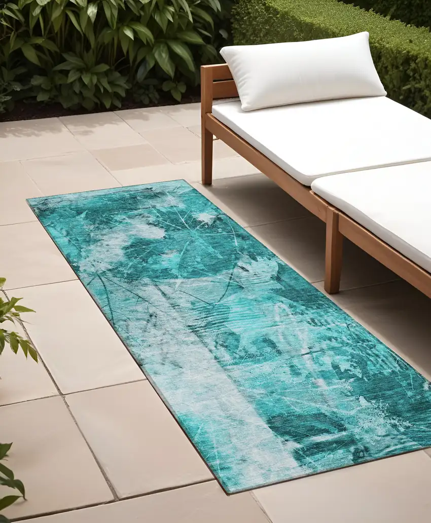 8' Runner Teal Floral Washable Non Skid Indoor Outdoor Runner Rug Photo 1