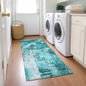 Photo of 8' Runner Teal Floral Washable Non Skid Indoor Outdoor Runner Rug