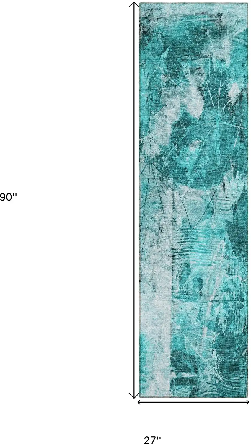8' Runner Teal Floral Washable Non Skid Indoor Outdoor Runner Rug Photo 3