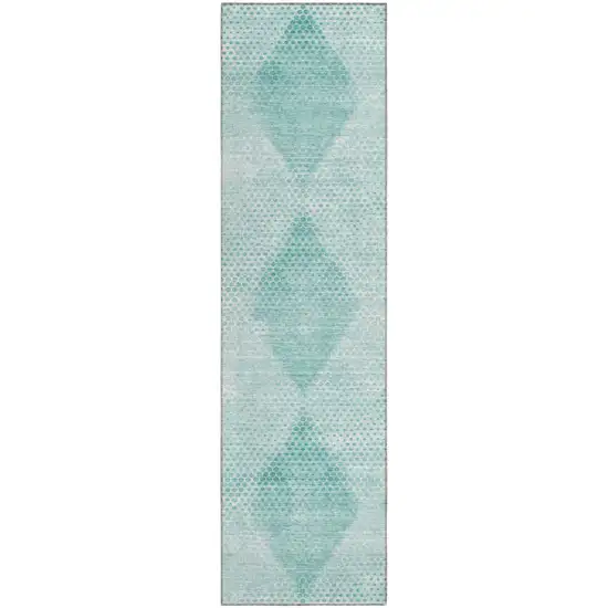 Teal Geometric Washable Non Skid Indoor Outdoor Runner Rug Photo 2