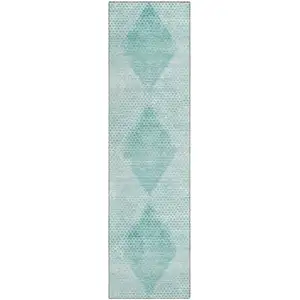 Photo of 8' Runner Teal Geometric Washable Non Skid Indoor Outdoor Runner Rug