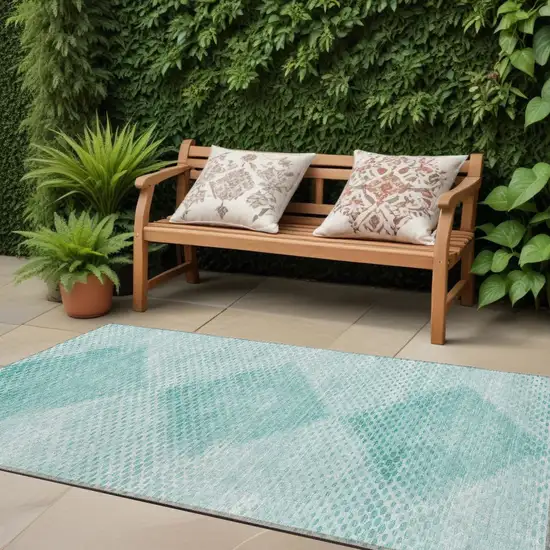 Teal Geometric Washable Non Skid Indoor Outdoor Runner Rug Photo 1