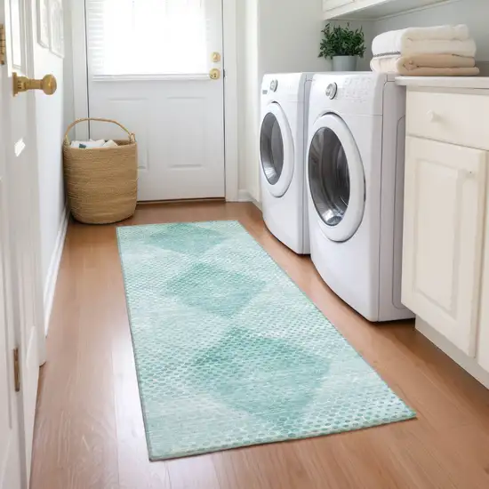 8' Runner Teal Geometric Washable Non Skid Indoor Outdoor Runner Rug Photo 9