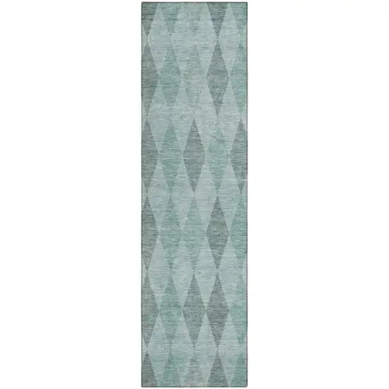 Teal Geometric Washable Non Skid Indoor Outdoor Runner Rug Photo 2
