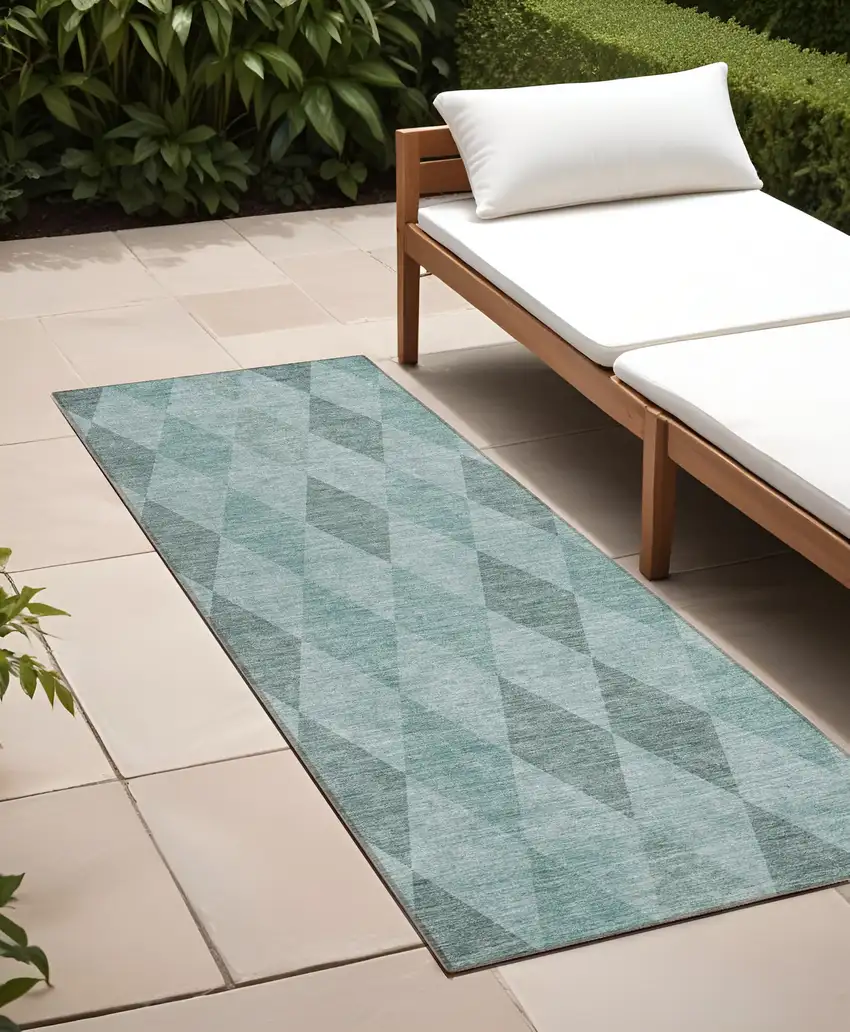 Teal Geometric Washable Non Skid Indoor Outdoor Runner Rug Photo 1
