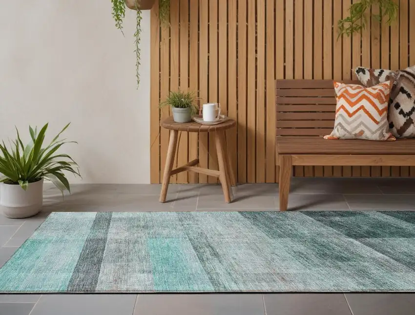 8' Runner Teal Ombre Washable Non Skid Indoor Outdoor Runner Rug Photo 1