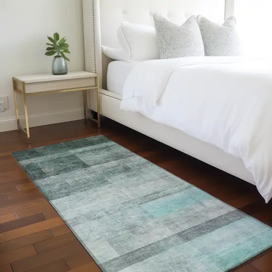Teal Ombre Washable Non Skid Indoor Outdoor Runner Rug Photo 9