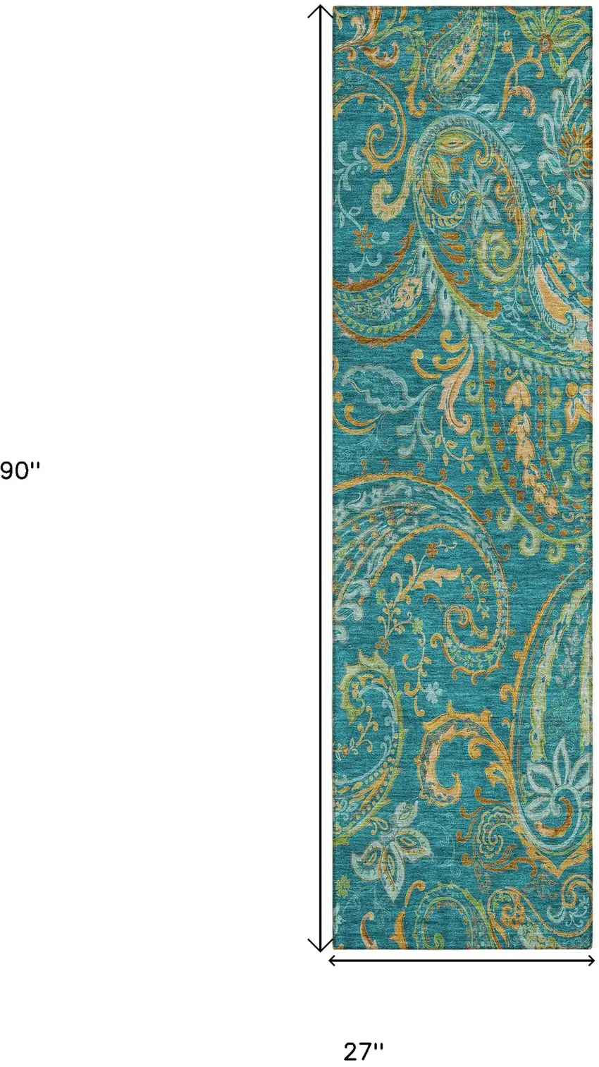 Teal Paisley Washable Non Skid Indoor Outdoor Runner Rug Photo 3