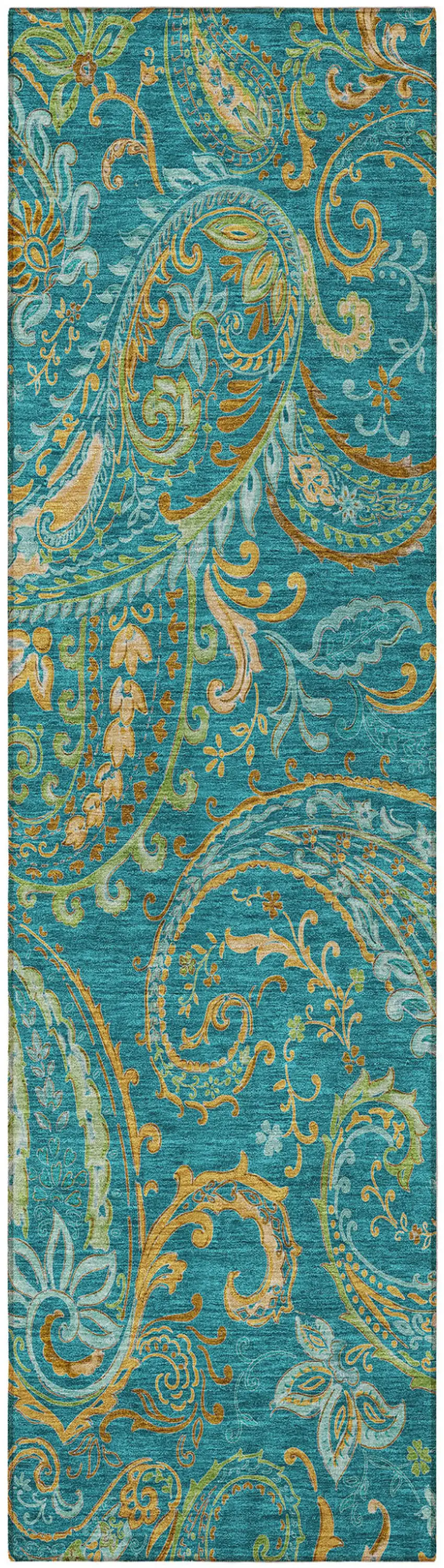 Teal Paisley Washable Non Skid Indoor Outdoor Runner Rug Photo 4