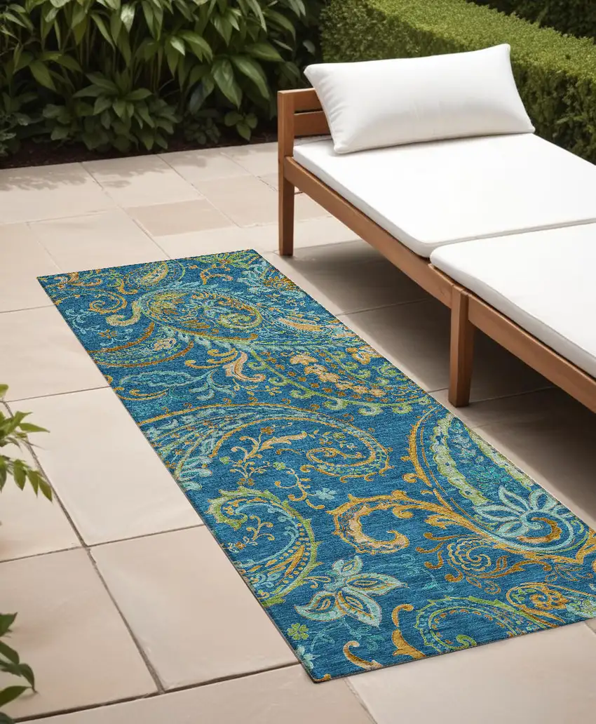 8' Runner Teal Paisley Washable Non Skid Indoor Outdoor Runner Rug Photo 1
