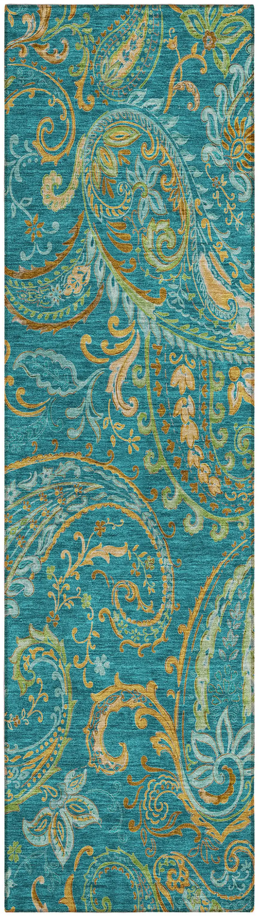 Teal Paisley Washable Non Skid Indoor Outdoor Runner Rug Photo 2
