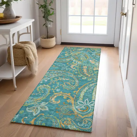 Teal Paisley Washable Non Skid Indoor Outdoor Runner Rug Photo 9