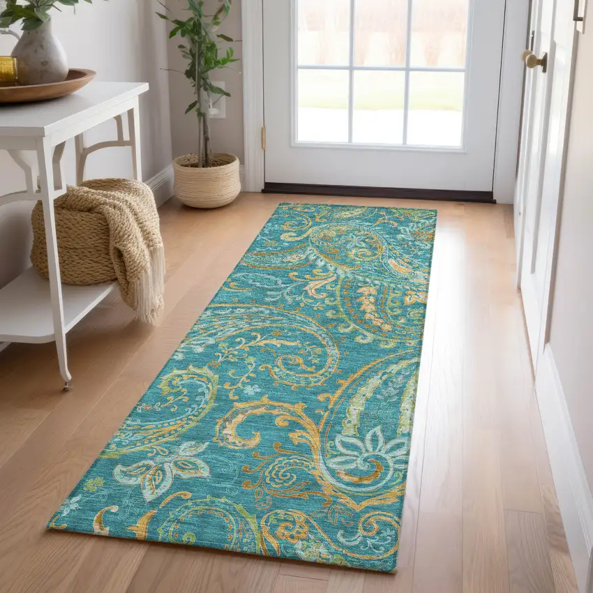 Teal Paisley Washable Non Skid Indoor Outdoor Runner Rug Photo 9